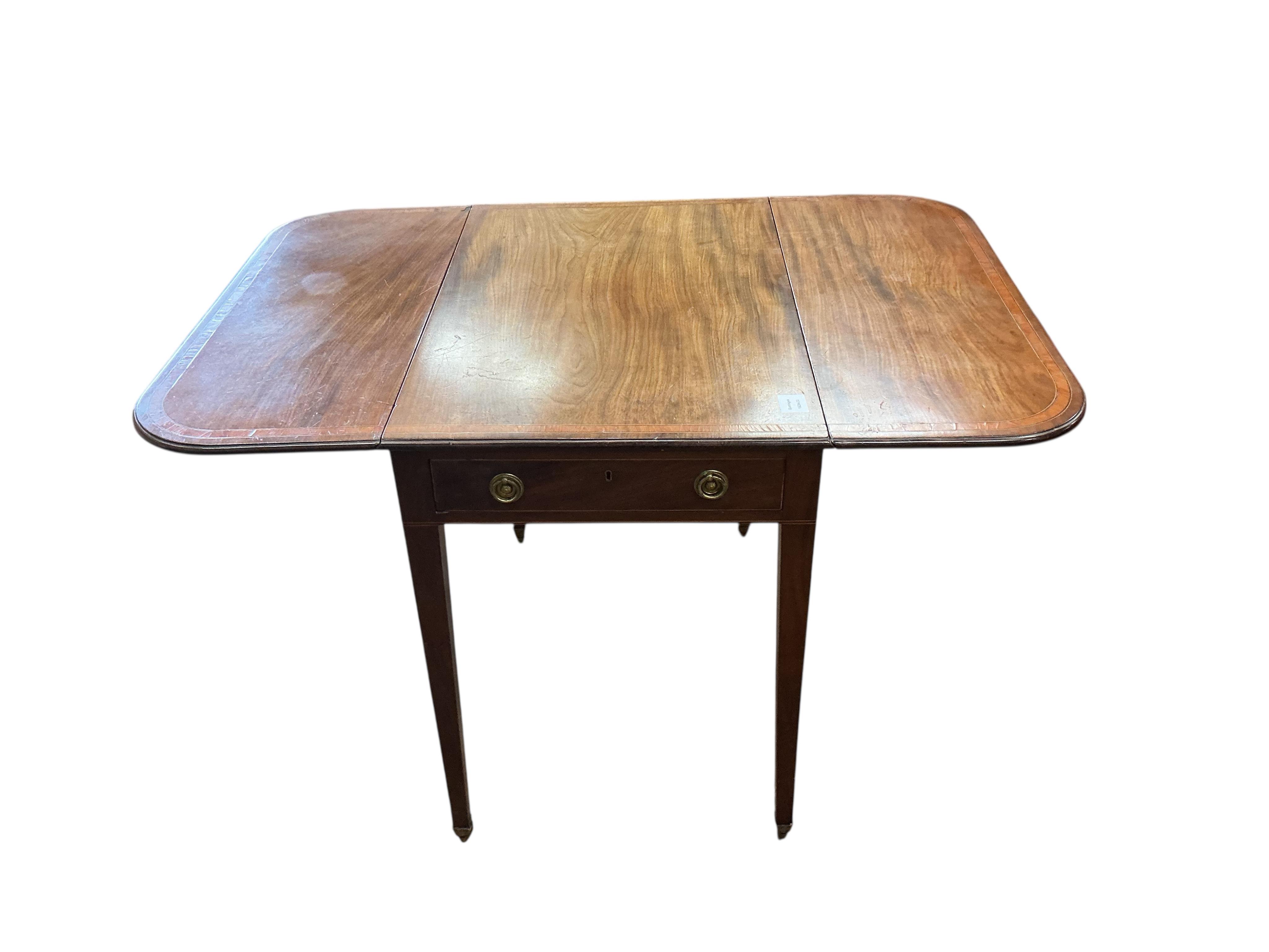 A George III mahogany and satinwood banded Pembroke table, width 51cm, depth 36cm, height 71cm